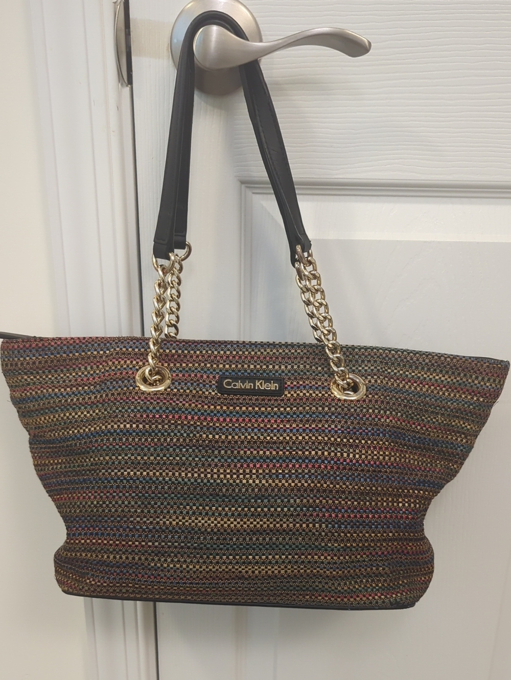 Calvin Klein Multicolor Woven Tote with Gold Chain and Black Straps